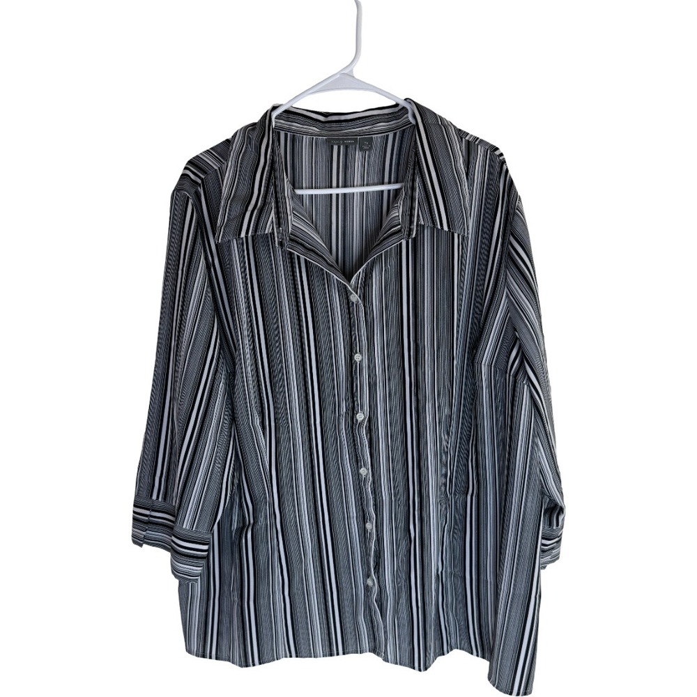 Apt. 9 Woman Button Down Shirt Womens 3X Black White Striped 3/4 Sleeve Career